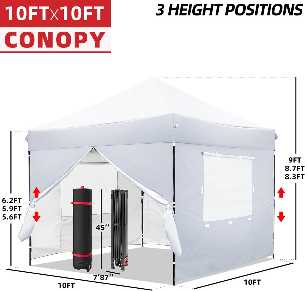 White 10x10 FT Pop Up Canopy Tent with Sidewalls, Heavy Duty Canopy for Outdoor, Commercial Instant Gazebos, for Party, Patio, by Kendane.