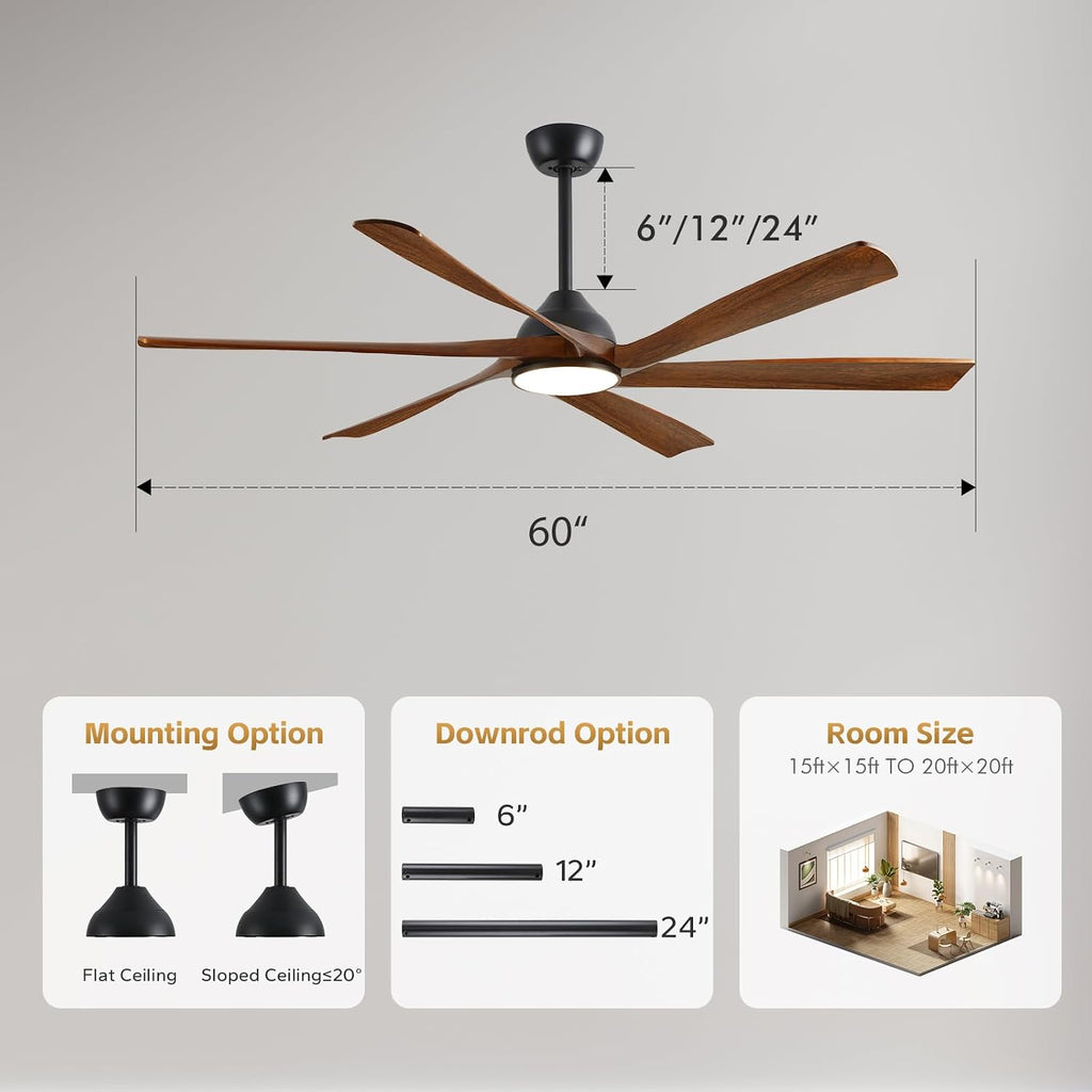 60 Inch Outdoor Ceiling Fan with Light and Remote, Rustic Farmhouse Smart Fan with WiFi App/Alexa Voice Control, 6 Solid Wood Blades, Quiet Reversible DC Motor, Damp Rated for Patio Bedroom
