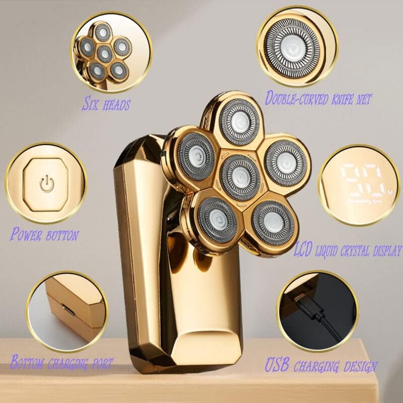 Head Shavers for Bald Men, Grooming kit 6in1 electric shaver for men beard hair trimmer facial body electric razor rechargeable bald head shaving machine (Color : Gold)