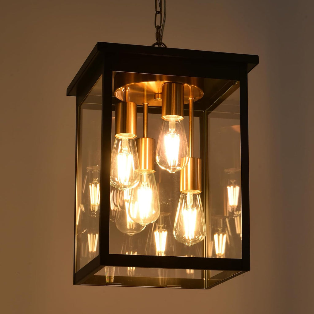 16.7'' Large Outdoor Pendant Light, 4-Lights Black and Brushed Brass Exterior Hanging Porch Chandelier Lantern with Clear Glass, Outdoor Ceiling Light Fixture for Entryway Gazebo Patio