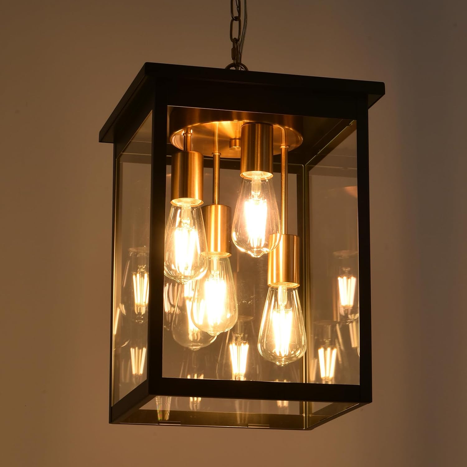 16.7'' Large Outdoor Pendant Light, 4-Lights Black and Brushed Brass Exterior Hanging Porch Chandelier Lantern with Clear Glass, Outdoor Ceiling Light Fixture for Entryway Gazebo Patio