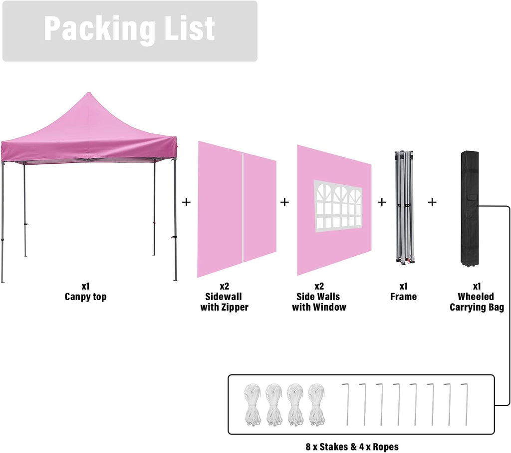 GDY 10x10 Easy Set Up Camping Canopy, Pop Up Tent with 4 Piece Sidewalls, Easy Up Canopy for Events, Parties, Gatherings, Camping, Pink.