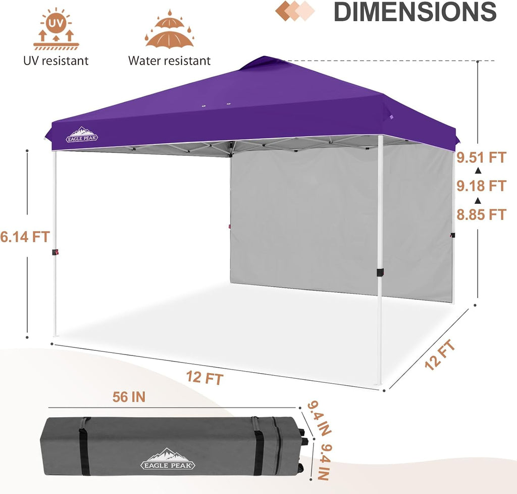 EAGLE PEAK Commercial Canopy 12x12 Pop Up Canopy Tent with 1 Sidewall, Easy Setup Heavy Duty Instant Event Shelter for Vendors & Markets, Outdoor Sun Shade, Purple