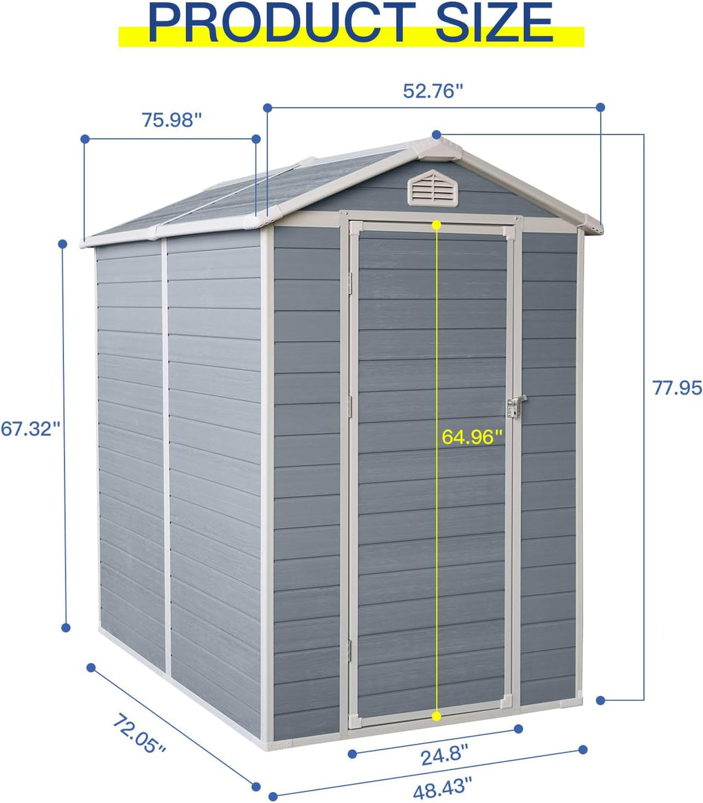 4x6 ft Outdoor Resin Storage Shed with Floor, Waterproof Plastic Garden Shed with Lockable Door and Windows, All-Weather Tool Sheds for Backyard, Patio, Lawn (Grey)