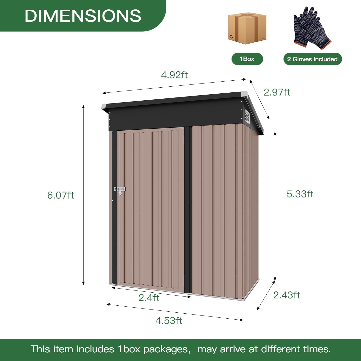 4.6 x 2.5 FT Outdoor Storage Shed – Metal Shed for Trash Can, Tools, Garden Equipment, and Bikes – Brown