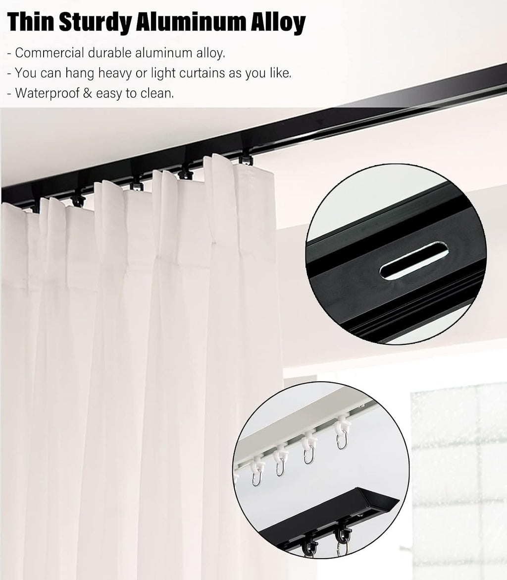 Thin Curtain Track, Black White, Metal Straight Ceiling Drapes Rail Rods for Hospital Gazebo Office Partition, V Shape Room Divider Ultra-Thin Slide Rails System(Black,10ft/3.1m/120in)
