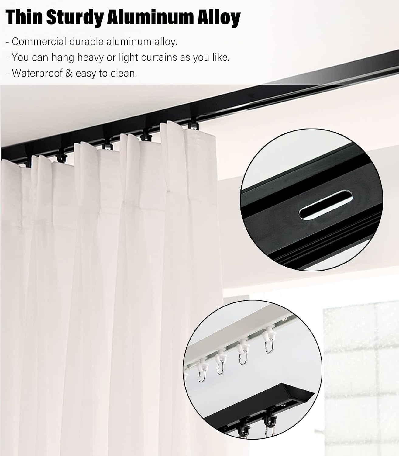 Thin Curtain Track, Black White, Metal Straight Ceiling Drapes Rail Rods for Hospital Gazebo Office Partition, V Shape Room Divider Ultra-Thin Slide Rails System(Black,10ft/3.1m/120in)