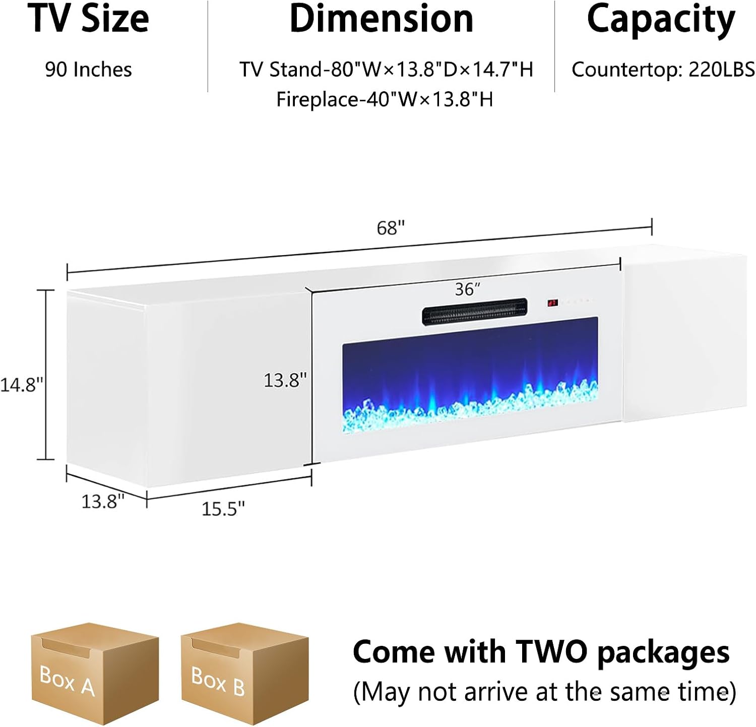 AMERLIFE Floating TV Stand with 36' Electric Fireplace, High Gloss Finish Wall Mounted Fireplace Entertainment Center with Storage for TVs Up to 78', All White