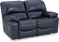 Signature Design by Ashley Leesworth Contemporary Power Reclining Loveseat with One-Touch Control and USB Charging Ports, Leather, 20' Seat Height, Blue