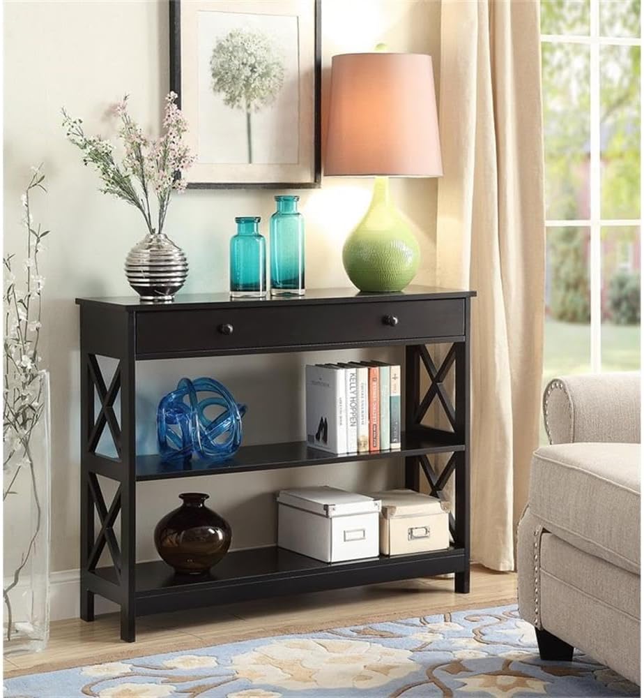 Convenience Concepts Oxford 1-Drawer Console Table 39.5' - Farmhouse Sofa Display with Storage Shelf For Living, Family, & Dining Room, Modern Entryway Hall Table for Kitchen, Bedroom, Black