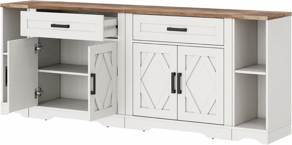 WAMPAT 82.7' W TV Stand for up to 95' TVs,Farmhouse Entertainment Center with Storage Barn Door Cabinet,TV Console Table with Media Cabinet and Drawers for Living Room,Bedroom,Cream White
