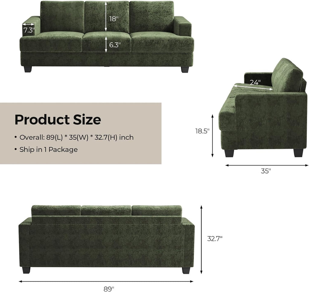 COPIAE 89 Inch Sofa with Extra Deep Seats Oversize,3 Seater Sofa for Living Room, Modern Couch and Sofa, Comfy Armrests and Seats and Backrests, Easy Installation,Chenille Fabric Green