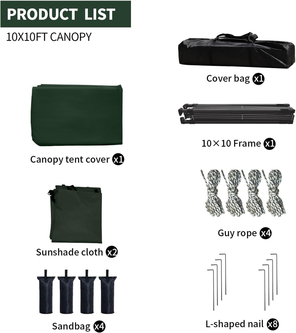 10x10 Pop Up Canopy Tent with 2 Sidewalls, Easy Up Canopy Outdoor Party Sun Shade Tent Portable Gazebo for Beach Camping Events with Carry Bag and 4 Sand Bags(Dark Green)
