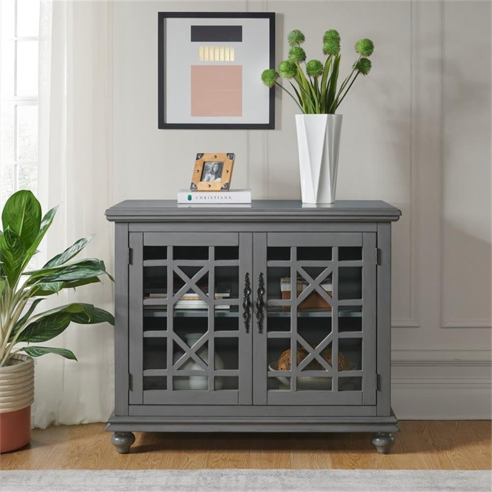 Martin Svensson Home Elegant Small Spaces Accent Cabinet with Glass Doors, Vintage Sideboard or Small TV Stand for Living Room or Entryway. Gray.