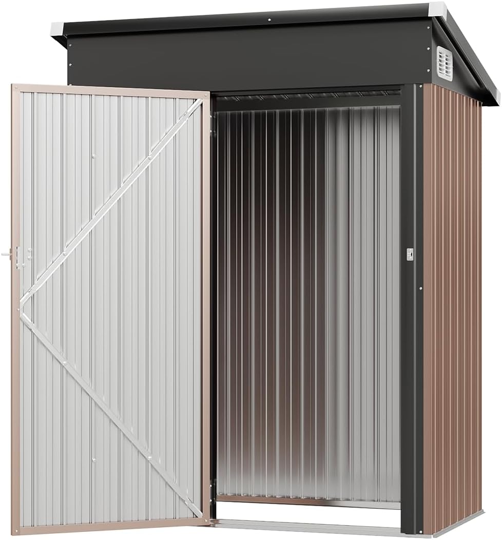 4.6 x 2.5 FT Outdoor Storage Shed – Metal Shed for Trash Can, Tools, Garden Equipment, and Bikes – Brown