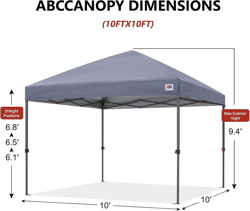 ABCCANOPY 10x10 Pop Up Canopy Tent, Easy Setup Instant Shelter with Wheeled Bag, Heavy Duty Outdoor Canopy for Beach, Market, Backyard, UV Protection, Outdoor Weather Protection (Light Gray, 10x10)