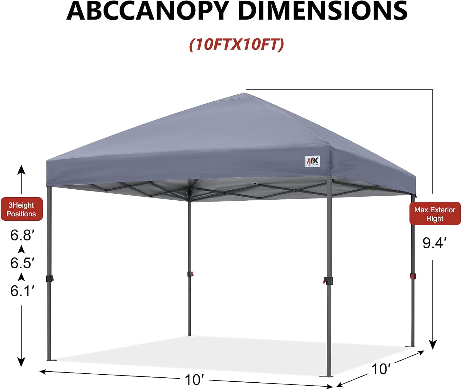 ABCCANOPY 10x10 Pop Up Canopy Tent, Easy Setup Instant Shelter with Wheeled Bag, Heavy Duty Outdoor Canopy for Beach, Market, Backyard, UV Protection, Outdoor Weather Protection (Light Gray, 10x10)