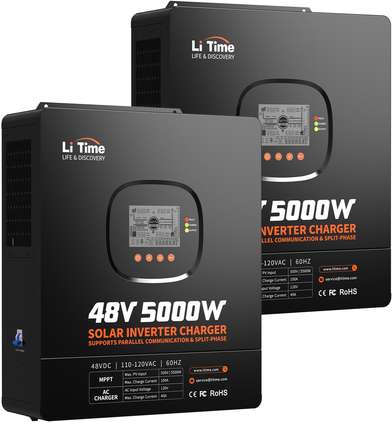 LiTime 10000W Solar Hybrid Inverter Charger (2 Pack), 48V DC to 120/240V Split Phase System, 2×5000W Pure Sine Wave Inverters, Built-in 2×100A MPPT Controllers for Whole Home Backup, Off-Grid, Farm