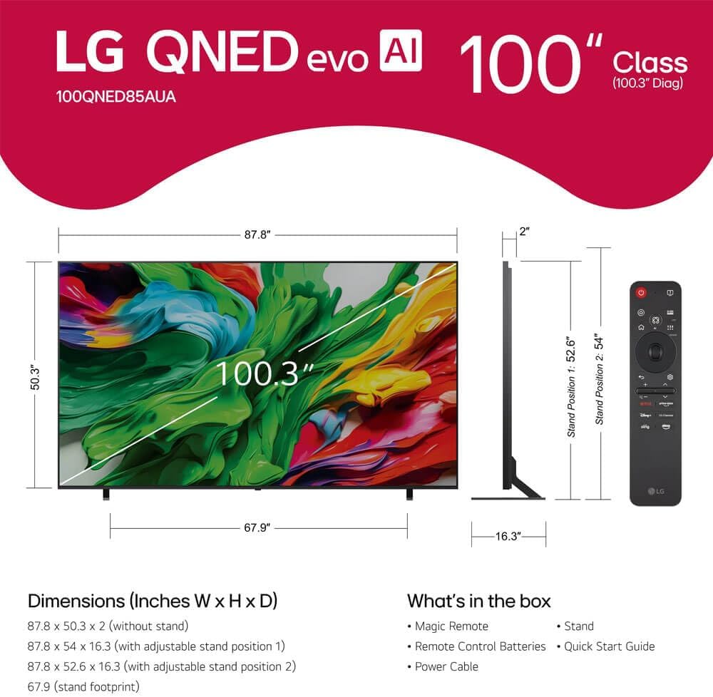 LG 100QNED85A 100 inch Class QNED85A Series 4K evo AI MiniLED Smart webOS TV (2025)