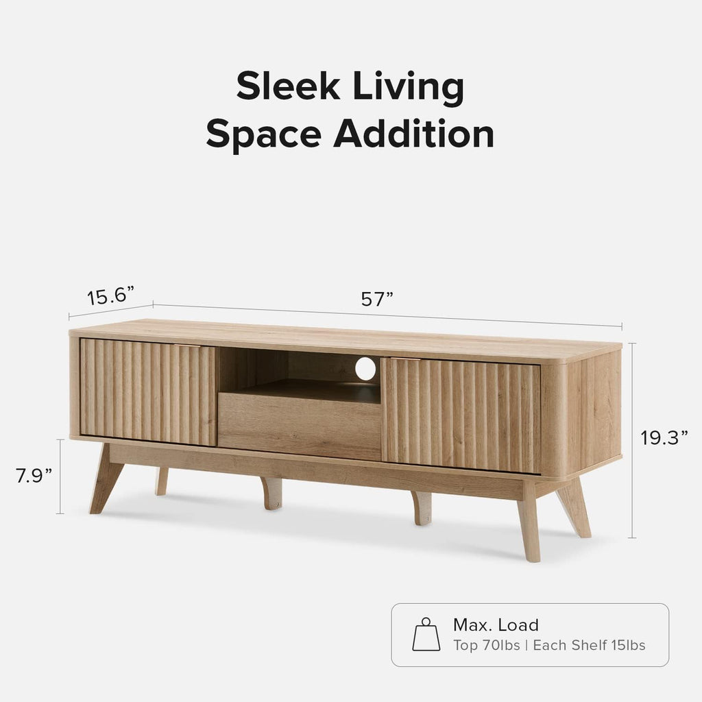 mopio Brooklyn Mid-Century Modern TV Stand, for TVs up to 50' / 59' Waveform Panel, Sleek Curved Profile with Adjustable Shelf and Sturdy Box Frame Leg (Golden Oak, 57')