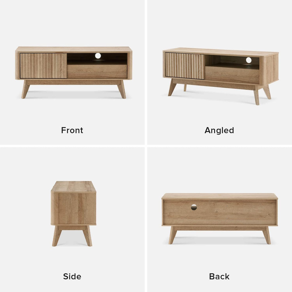 mopio Brooklyn Mid-Century Modern TV Stand, for TVs up to 50' / 59' Waveform Panel, Sleek Curved Profile with Adjustable Shelf and Sturdy Box Frame Leg (Golden Oak, 47')