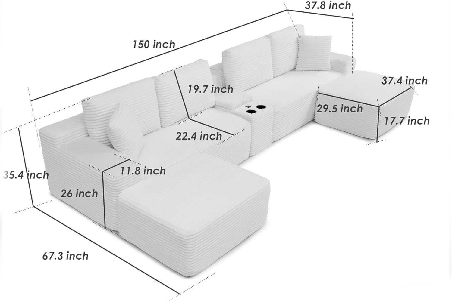 150' Oversized Modular Sectional Sofa, Deep Seat Cloud L-Shape Corduroy Couch with Cup Holders, USB Ports, Wireless Charging & Storage Box, Upholstered Modular Sleeper Sofa for Living Room (Beige)