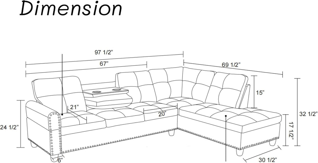 Modern L-Shaped Sectional Sofa with Cup Holder, 4-Seater Fabric Couch with Chaise Lounge, for Living Room, Apartment, Studio, Easy Assembly, Black