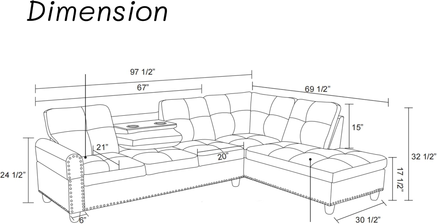 Modern L-Shaped Sectional Sofa with Cup Holder, 4-Seater Fabric Couch with Chaise Lounge, for Living Room, Apartment, Studio, Easy Assembly, Black