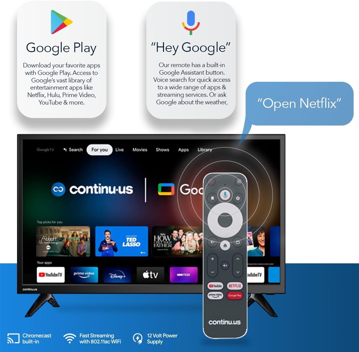 continuus 40' 12V RV Smart TV with Chromecast and Free Streaming Apps – 1080p HD – CT-40TS10