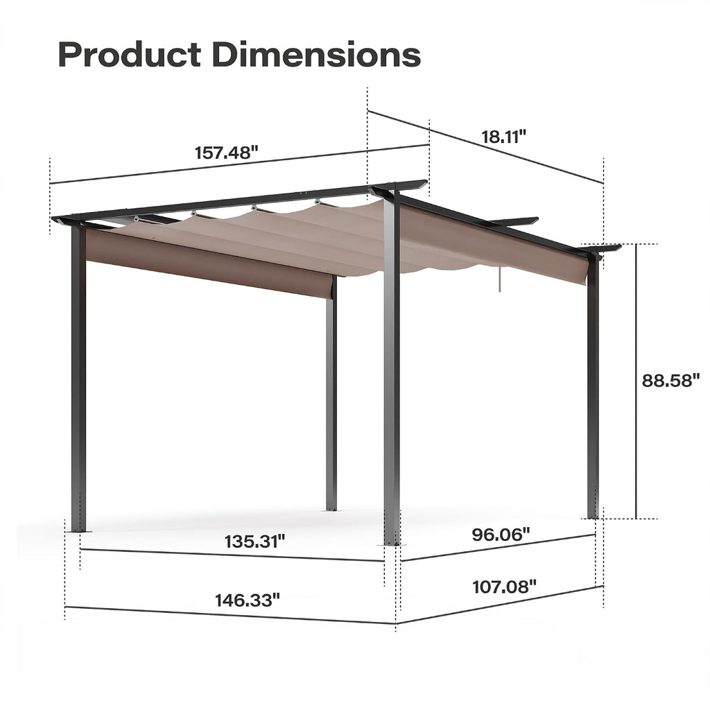 LAUSAINT HOME 10' x 13' Outdoor Retractable Pergola with Lights, Heavy-Duty Aluminum Pergola with Sun Shade Canopy for Garden, Backyard, Deck, Porch, Brown