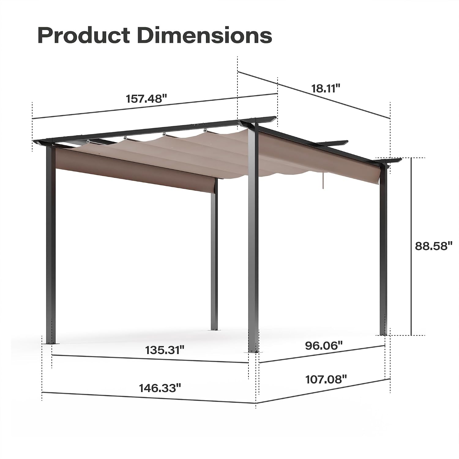 LAUSAINT HOME 10' x 13' Outdoor Retractable Pergola with Lights, Heavy-Duty Aluminum Pergola with Sun Shade Canopy for Garden, Backyard, Deck, Porch, Brown