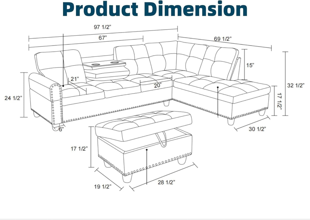 97.5' L Shaped Couch Set Linen, Modular Sectional Couches for Living Room with Storage Ottoman, 4 Seat Home Sofa Living Room Furniture Sets with Chaise for Apartment Office (Black Grey)
