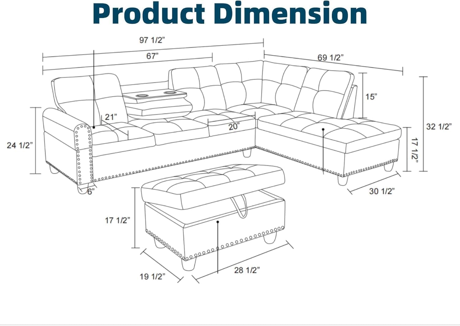 97.5' L Shaped Couch Set Linen, Modular Sectional Couches for Living Room with Storage Ottoman, 4 Seat Home Sofa Living Room Furniture Sets with Chaise for Apartment Office (Black Grey)