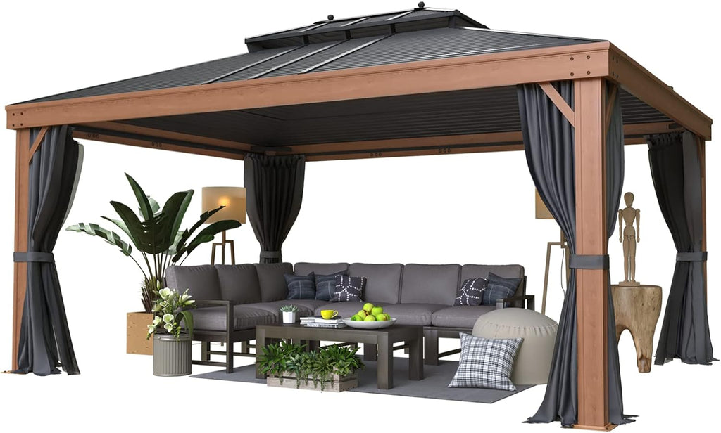 EROMMY 12' x 16' Hardtop Gazebo Outdoor Aluminum Wood Grain Gazebos with Galvanized Steel Roof and Mosquito Net for Patios, Deck, Backyard, Curtains&Netting