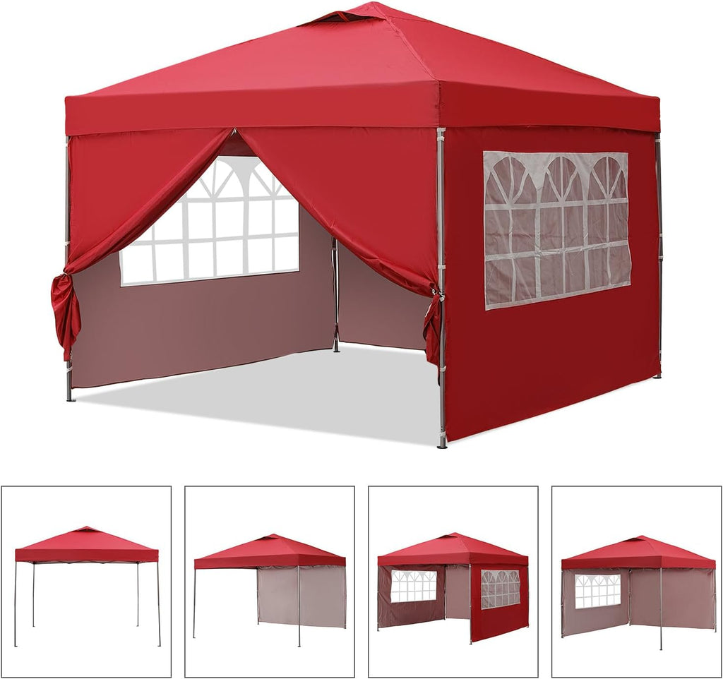 GDY 10x10ft Pop Up Canopy Tent with Sidewalls, Outdoor Canopy Tent, Beach Tent, Easy Set up Gazebo for Events, Parties, Camping, Red.