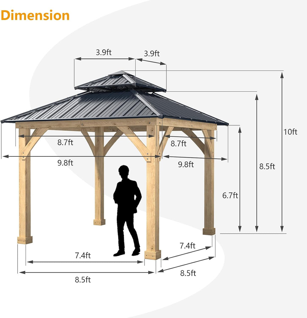 Tangkula 10 x 10 Ft Outdoor Hardtop Gazebo, Heavy-Duty Wood Permanent Patio Pavilion Shelter with 2-Tier Galvanized Steel Top, All-Weather Resistant Gazebo for Garden, Backyard, Lawns