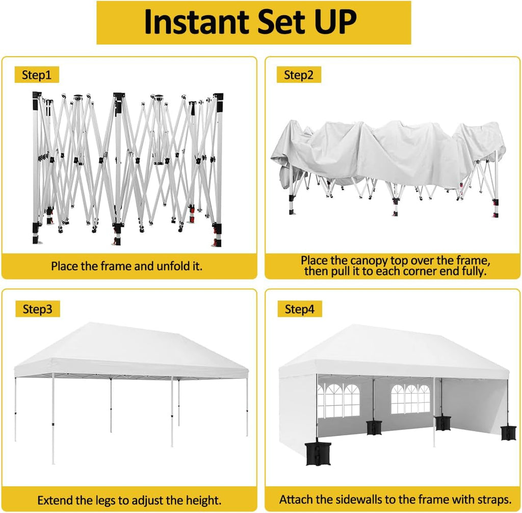 Eachbid 10' x 20' Pop Up Canopy Gazebo Commercial Tent with 4 Removable Sidewalls, Large Party Tent, Event Shelter Gazebo Canopy with 4 Sandbags, Stakes X12, for Patio Party Weddings Picnic (White)