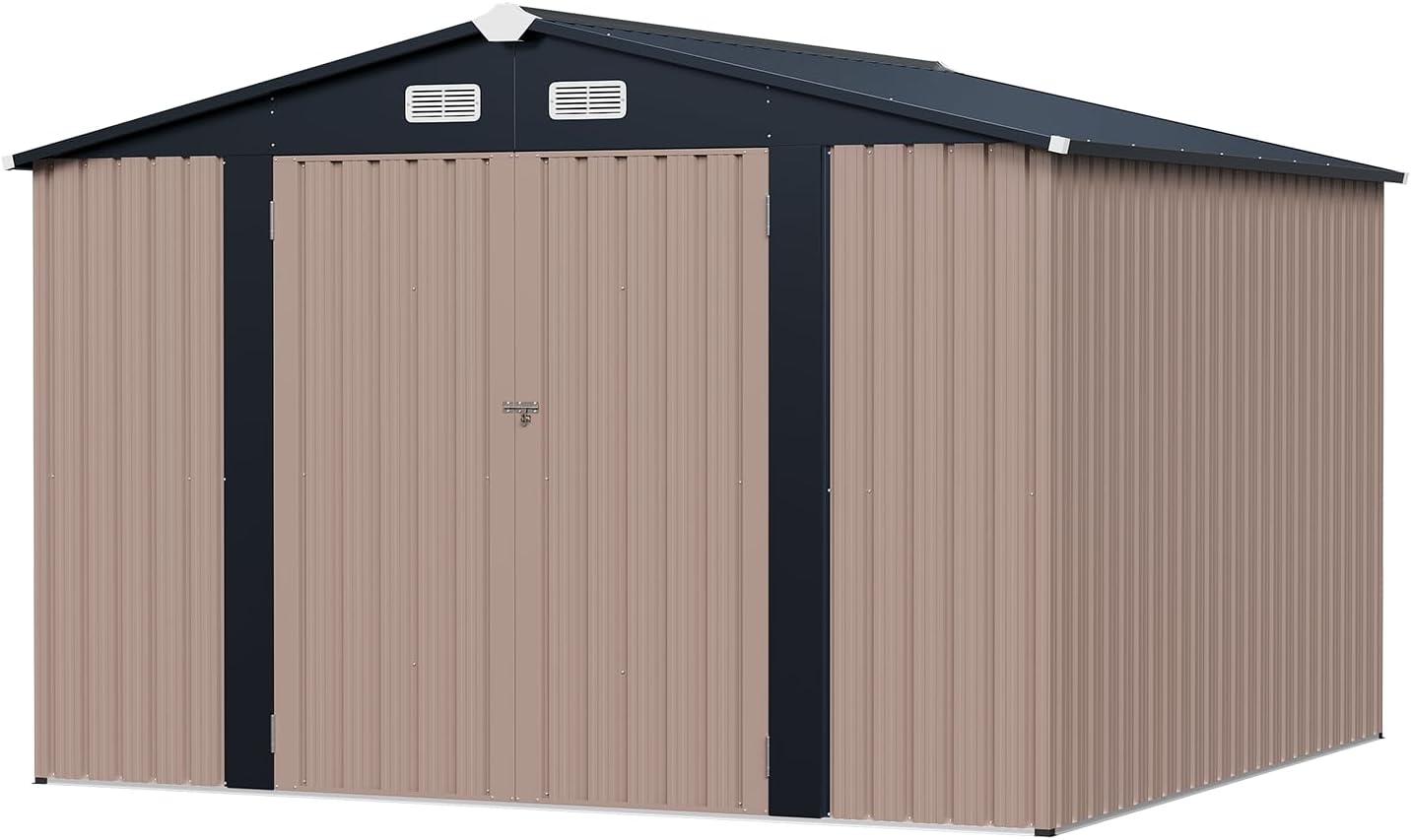 10x10 FT Outdoor Storage Shed with Lockable Door, Waterproof Metal Tool Shed for Bikes, Tools & Lawn Equipment – Gray