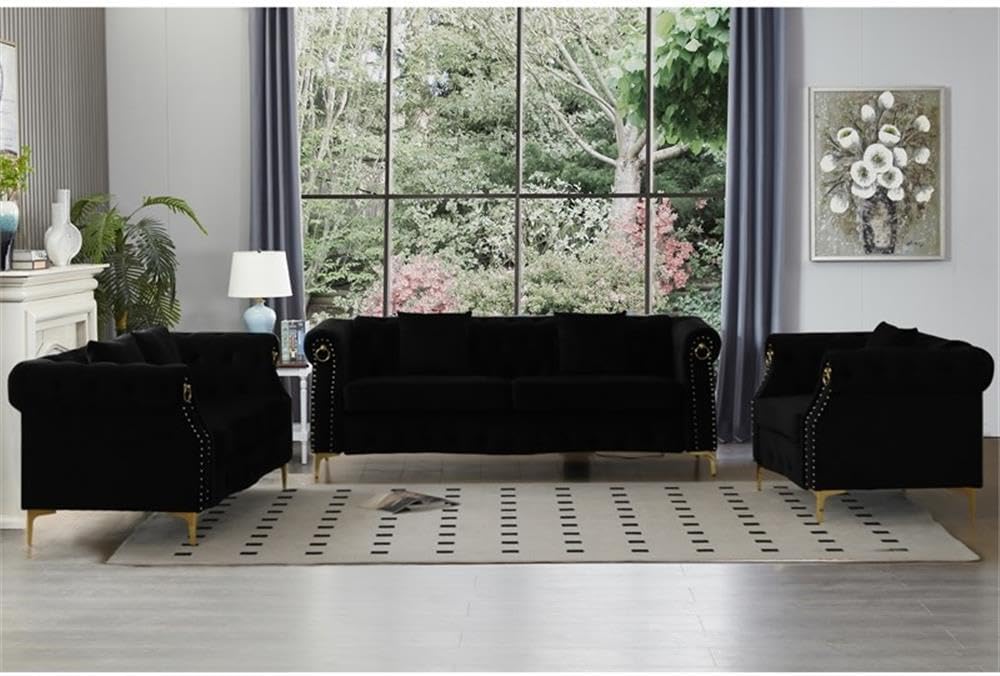 Pemberly Row 3-Piece Velvet Sofa Set, Black Upholstery with Gold Nailhead Trim, Includes Sofa, Loveseat, Armchair, Tufted Detailing, Rolled Arms, Gold Metal Legs, Living Room Furniture for Elegant