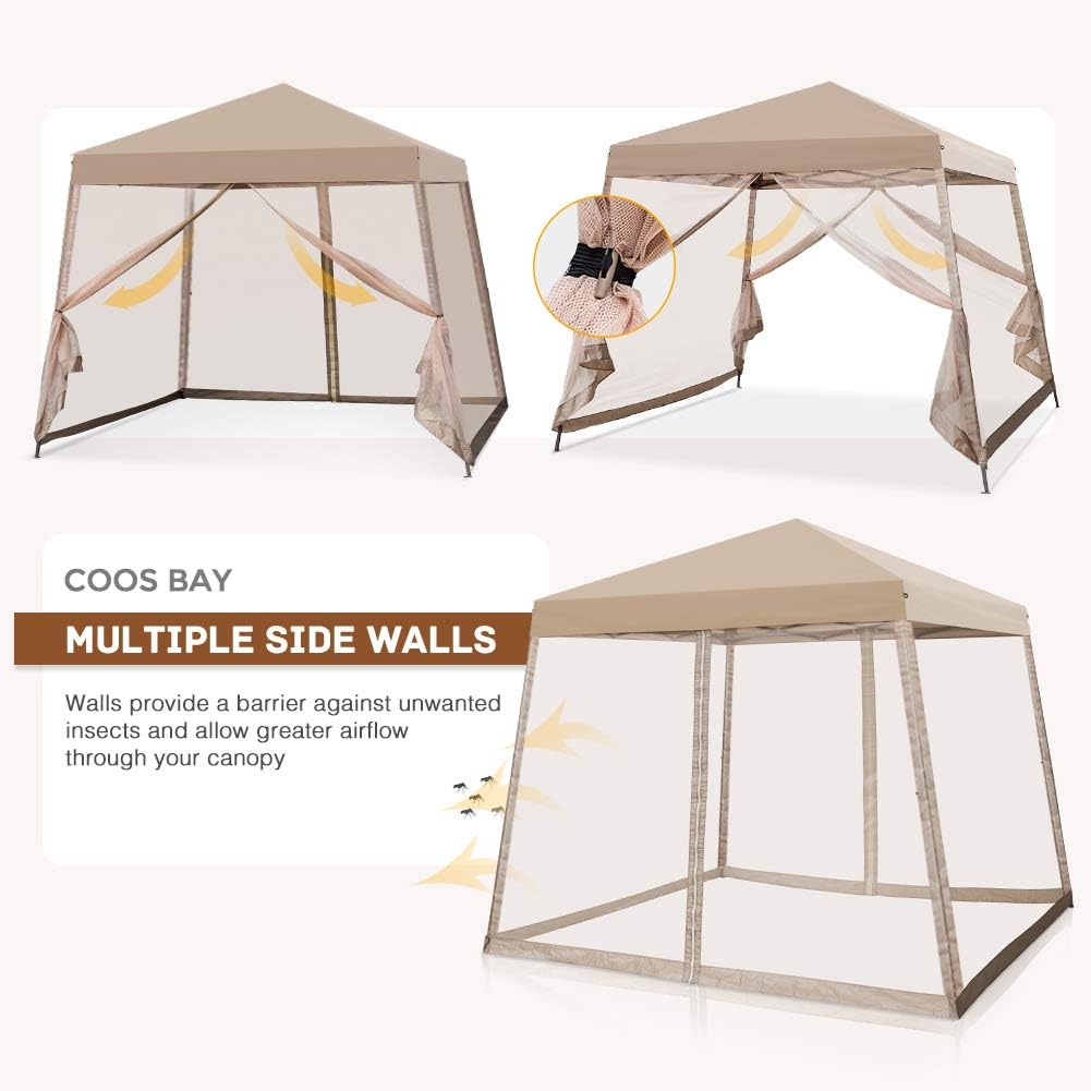 COOS BAY 10x10 Pop Up Canopy Tent with Screen Netting, Slant Leg Canopy with UPF 50+ UV Protection, 64 Sq Ft Shade, One Person Setup with Carry Bag, Beige