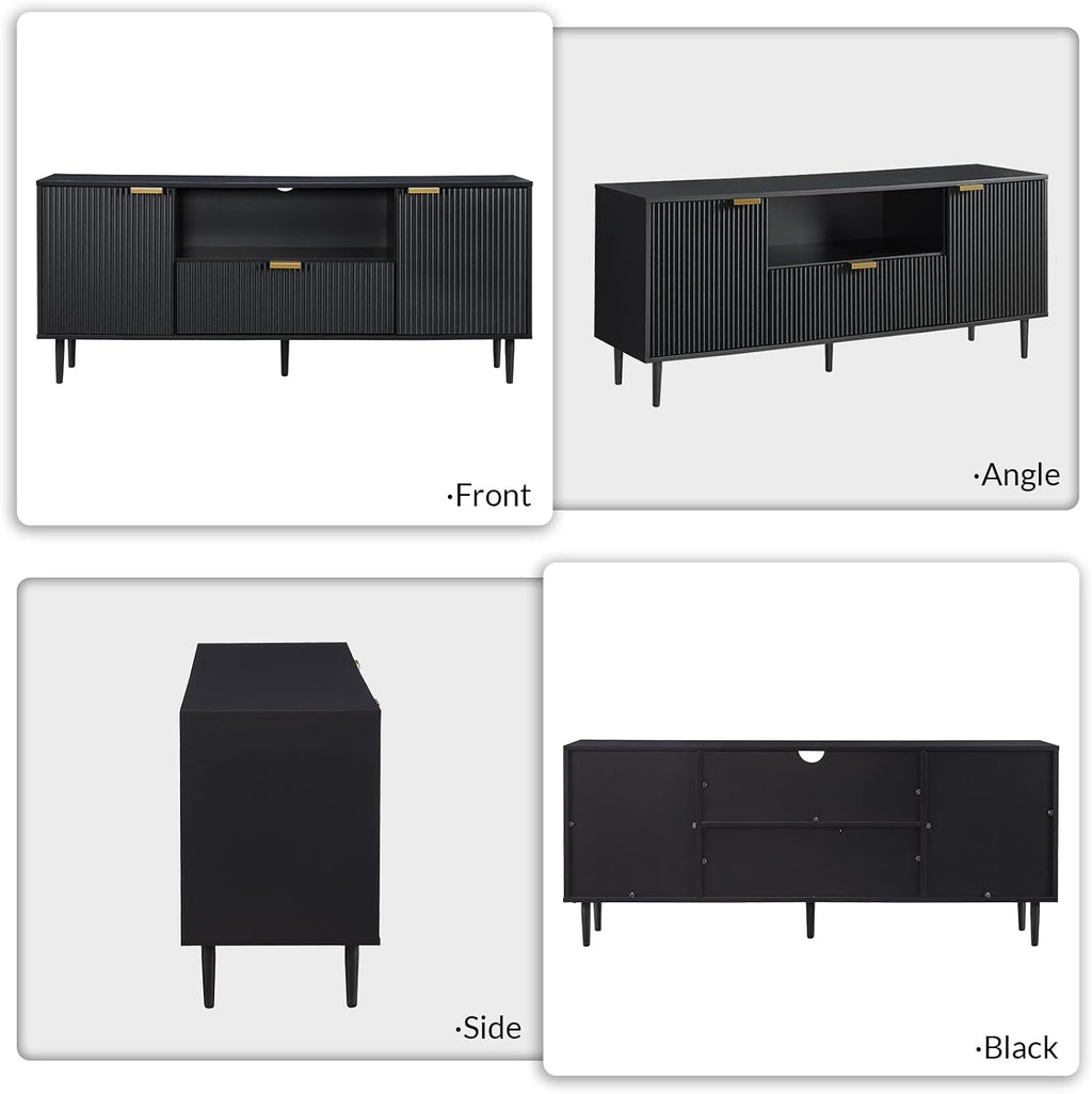 Okvnbjk Black TV Stand for 65 Inch TV, TV Consoles for Living Room, TV Stand for Bedroom w/Drawer and Storage, Wood Fluted Panel Media Console, Entertainment Center w/Soft Hinge & Cable Management