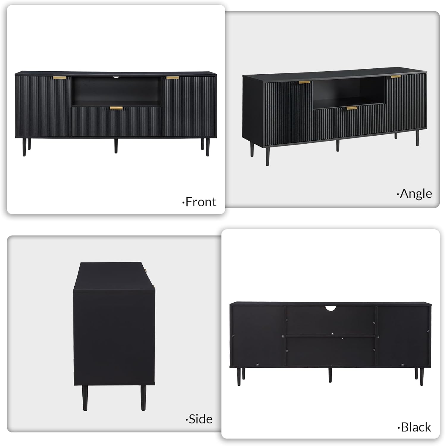 Okvnbjk Black TV Stand for 65 Inch TV, TV Consoles for Living Room, TV Stand for Bedroom w/Drawer and Storage, Wood Fluted Panel Media Console, Entertainment Center w/Soft Hinge & Cable Management