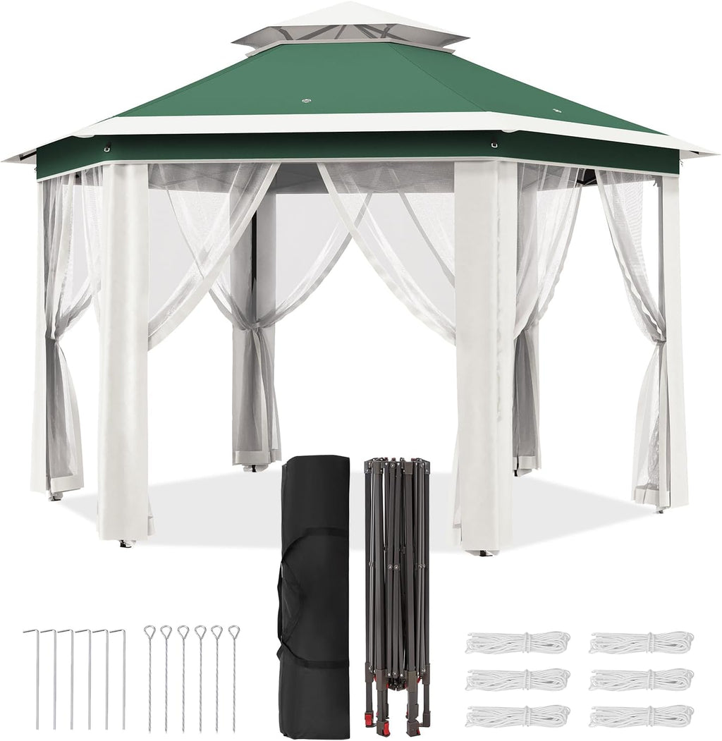 13' x 13' Pop Up Gazebo, Hexagonal Canopy Shelter with 6 Zippered Mesh Netting, Event Tent with Strong Steel Frame for Patio Backyard Garden Wedding Party, Green