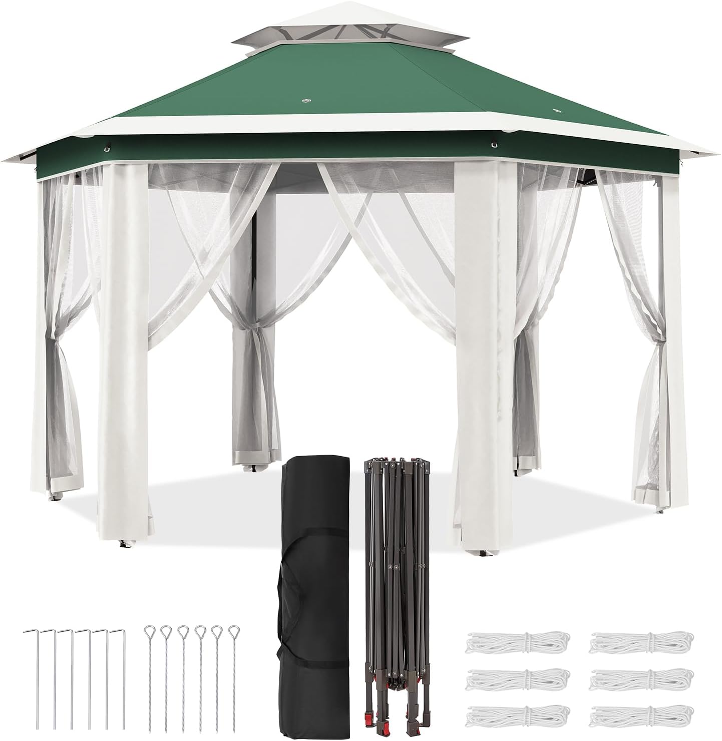 13' x 13' Pop Up Gazebo, Hexagonal Canopy Shelter with 6 Zippered Mesh Netting, Event Tent with Strong Steel Frame for Patio Backyard Garden Wedding Party, Green