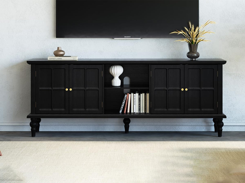 3More 67' Mid Century Modern TV Stand with Window Design,Wood Entertainment Center with Open Shelf,Up to 70' Media TV for Living Room or Bedroom,Black