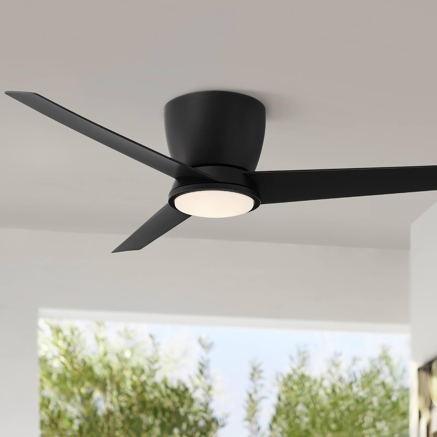 Casa Vieja 52' Auria Modern Outdoor 3 Blade Hugger Ceiling Fan with Dimmable LED Light Remote Control Matte Black Opal Glass Damp Rated for Patio Exterior House Home Porch Gazebo Garage