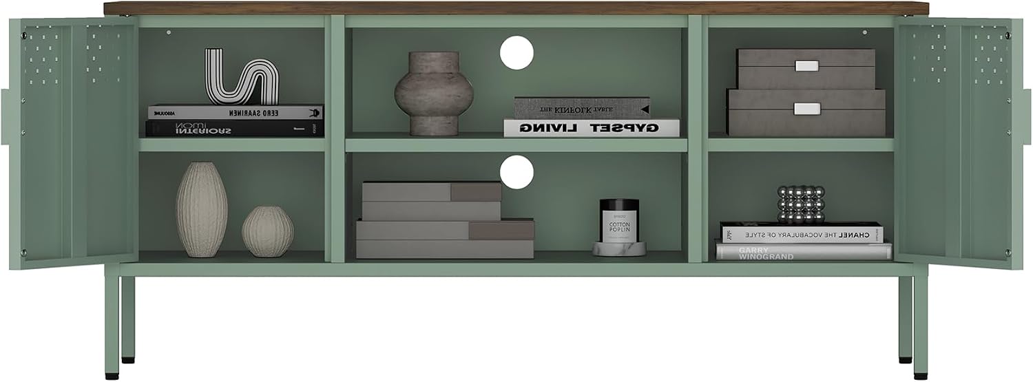 Manhattan Comfort Landen 47' Modern Metal TV Stand with Storage Cabinets & Open Shelves, Holds Up to 40' Screen, TV Console with Natural Wood Top, Cable Management, Adjustable Legs, Green