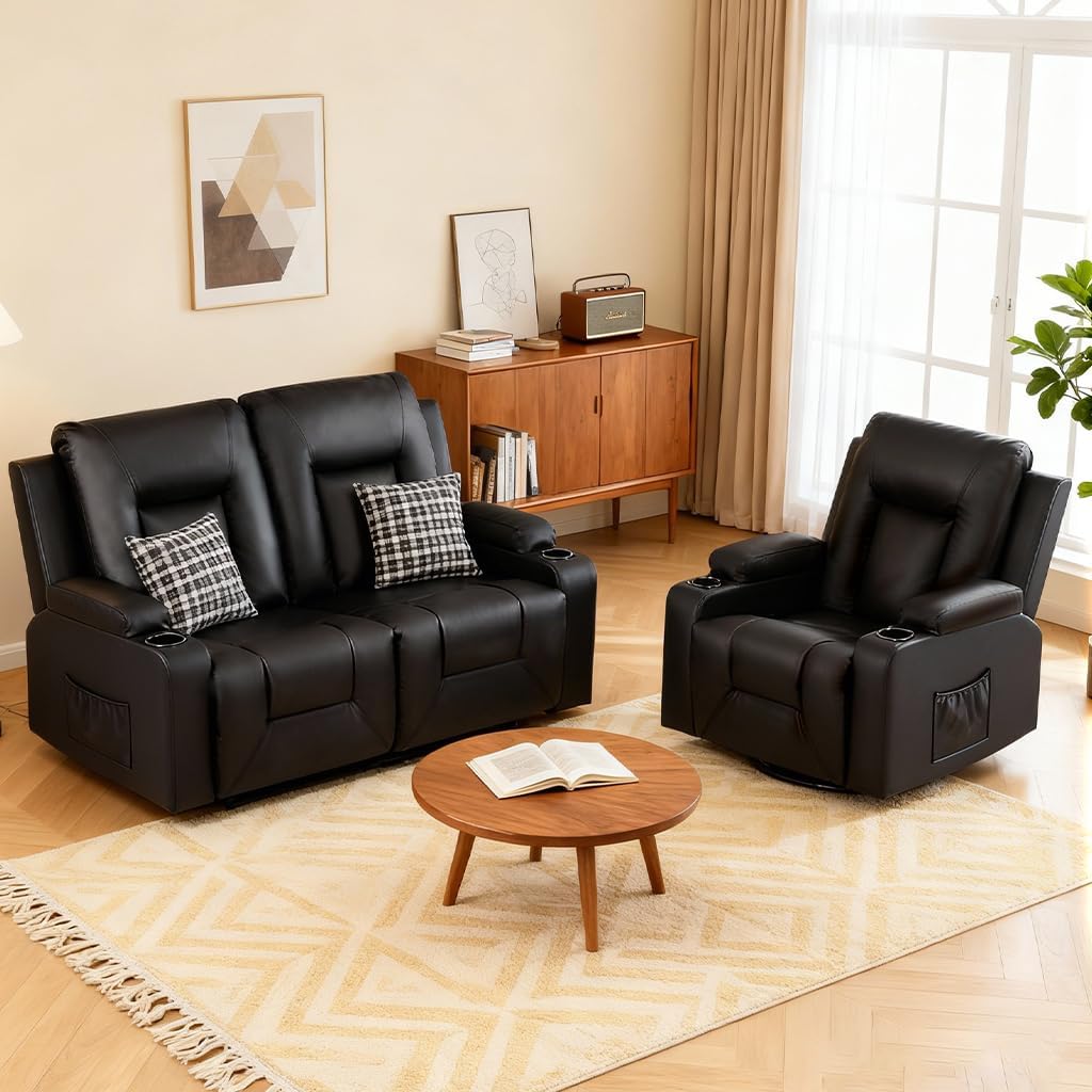 COMHOMA Living Room Furniture Set,Faux Leather Manual Recliner Sofa Sets with Cup Holders,Reclining Couch,Loveseat and Armchair,2+1,Black