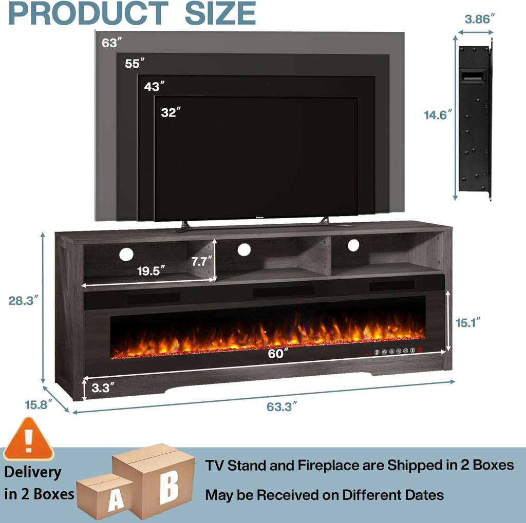 PRETZI 65' Fireplace TV Stand with 60' Glass Electric Fireplace for TVs Up to 75 inch, Modern Fireplace Entertainment Center with Open Storage Shelf, Media Console TV Cabinet for Living Room, Grey