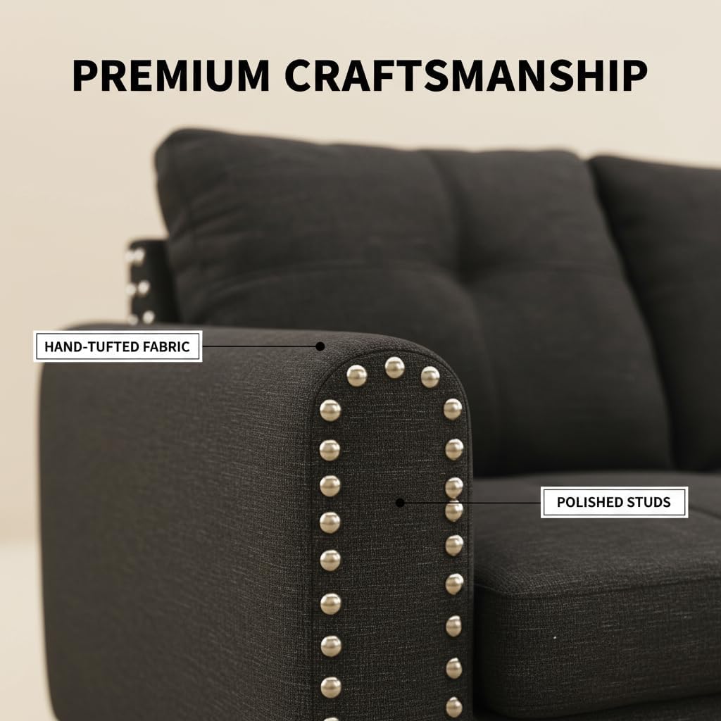 Modern L-Shaped Sectional Sofa with Cup Holder, 4-Seater Fabric Couch with Chaise Lounge, for Living Room, Apartment, Studio, Easy Assembly, Black